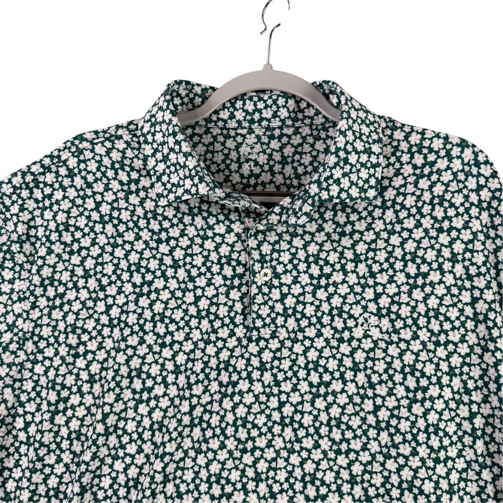 Rhoback Performance Polo Men XL Green White Floral Clover Print Short Sleeve
